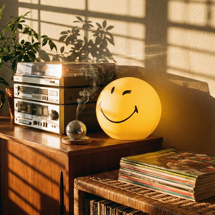 Yellow spherical winking smiley face lamp glowing on white background dopamine decor