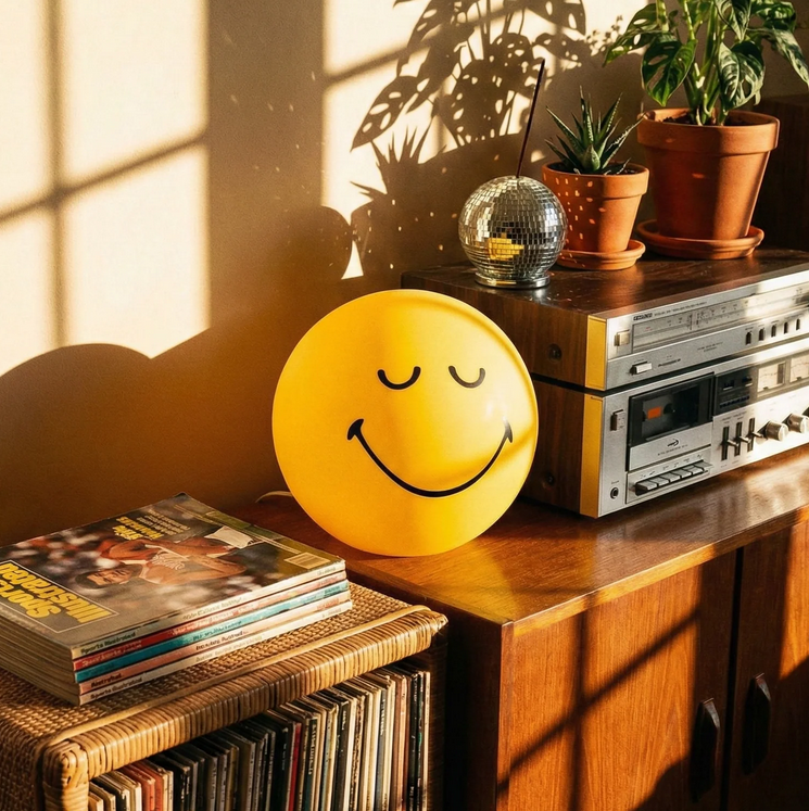 Yellow spherical winking smiley face lamp glowing on white background dopamine decor