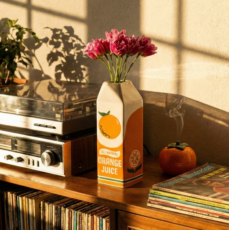 Ceramic vase shaped like an orange juice carton with retro text and citrus illustration