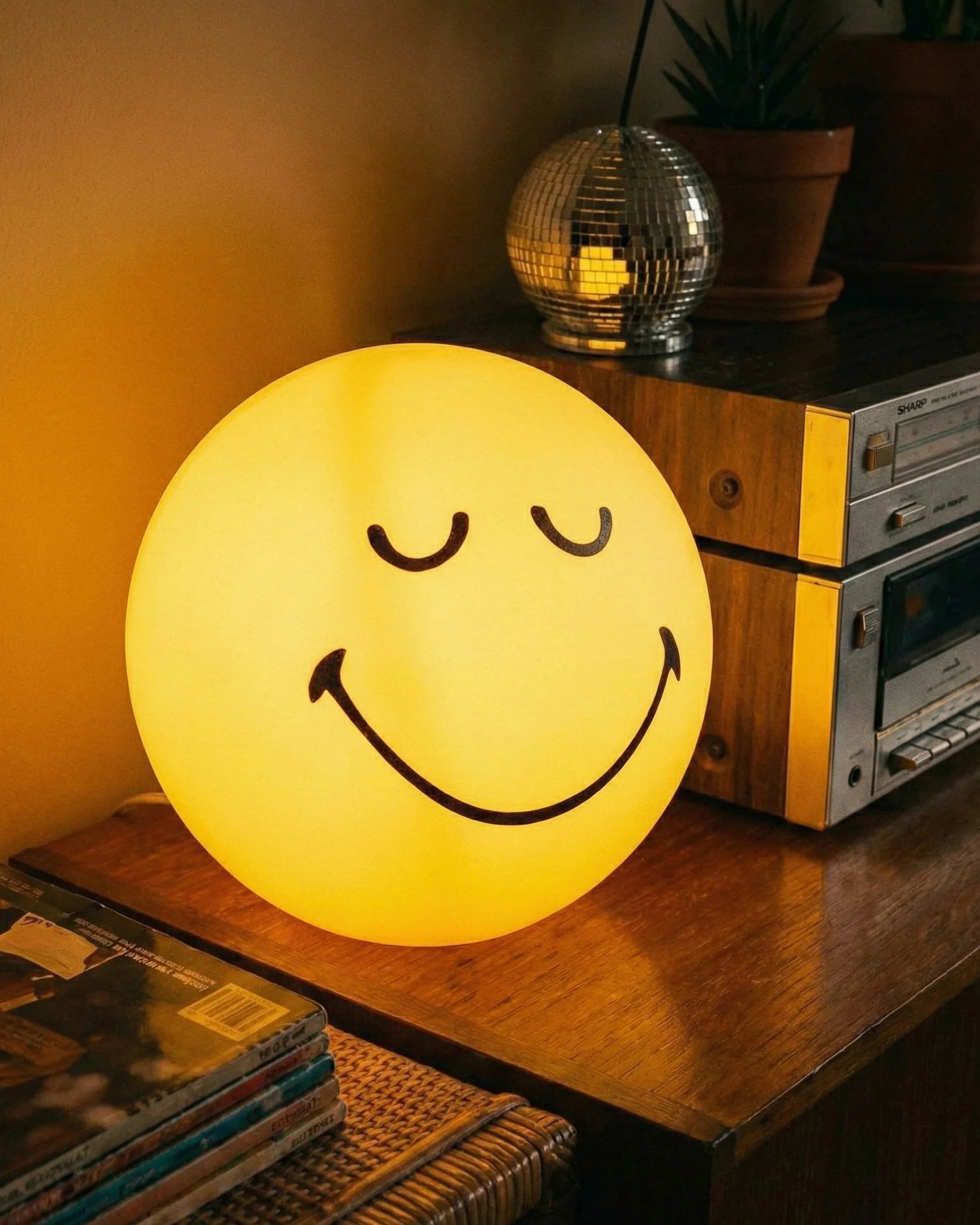 Yellow spherical winking smiley face lamp glowing on white background dopamine decor