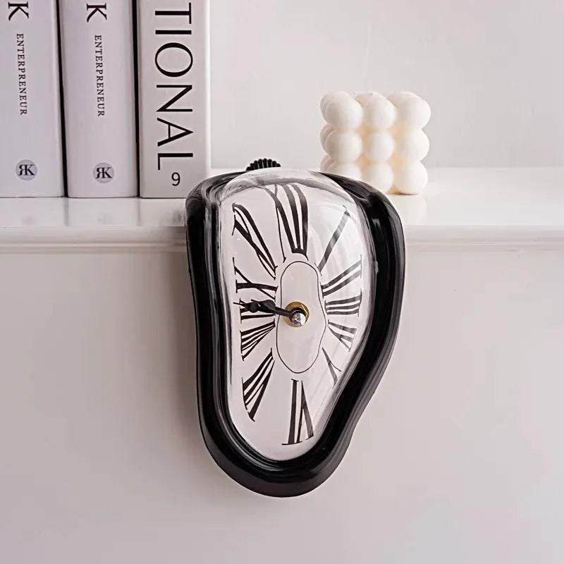 Silver surrealist melting clock resting on the edge of a metal bookshelf next to books